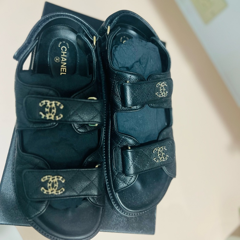 CHANEL Black Sandals with Gold Logo